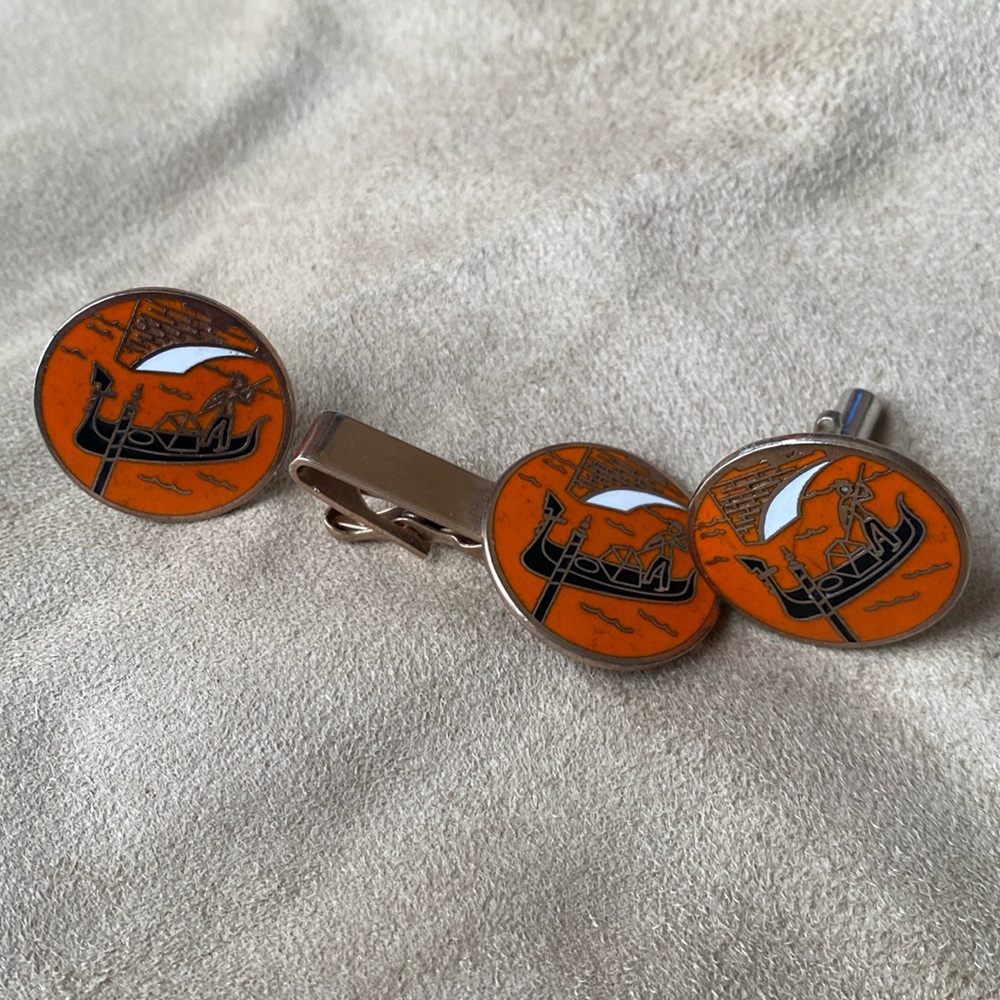 Vintage cufflink and tie tack set showing orange gondola scene